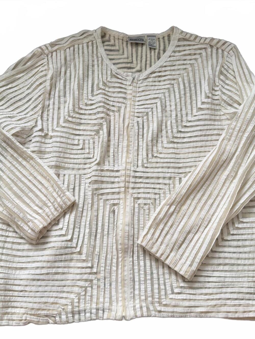 Chico’s Size 3 Cream Sheer Textured Zip Jacket Geometric Lightweight Layer